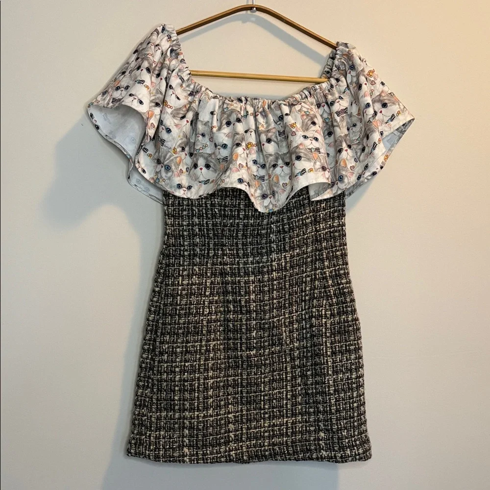Cute Cat Print Off the Shoulder Tweet Mini Dress - Picture 1 of 4